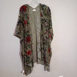 Free People Kimono Cardigan Green Floral Velour Burnout Sheer OS